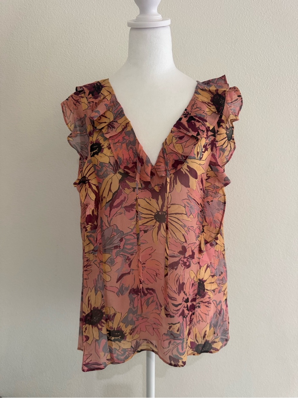 PAIGE Pink and Mustard Floral Ruffle V-Neck top